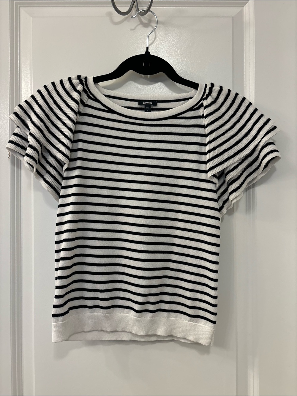 Express Black & White Striped Short Sleeve Ruffle Top